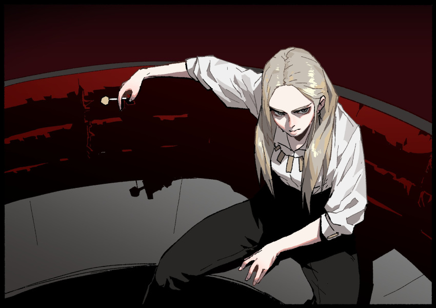 1girl between_legs black_pants blonde_hair cigarette closed_mouth gogalking grey_eyes grey_hair hand_between_legs highres holding holding_cigarette jewelry leonir_(gogalking) long_hair long_sleeves looking_at_viewer necklace original pants shirt sitting solo white_shirt