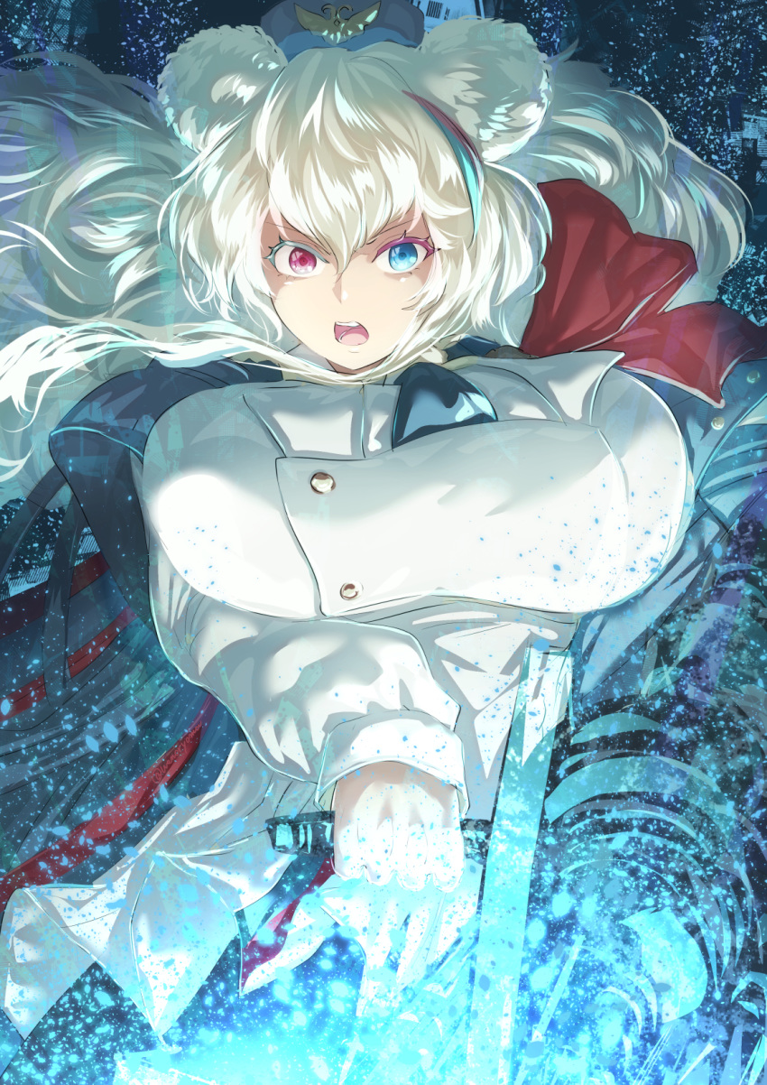 1girl arknights bangs blue_eyes blue_headwear breasts colored_eyelashes commentary_request hair_between_eyes heterochromia highres jacket large_breasts long_hair long_sleeves looking_at_viewer open_mouth pink_eyes rosa_(arknights) silver_hair solo uenoryoma upper_body white_jacket