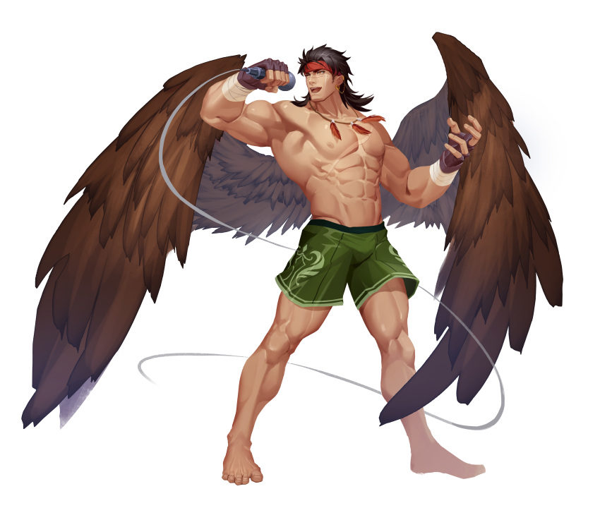 1boy abs absurdres bandages bara bare_chest brown_hair bulge chest feather_necklace feathered_wings fingerless_gloves fire_emblem full_body gloves headband highres male_focus microphone muscle my_eight navel nipples open_mouth short_hair shorts smile solo thick_thighs thighs tibarn_(fire_emblem) white_background wings yellow_eyes