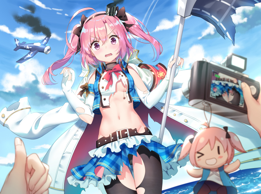 1girl absurdres ahoge aircraft azur_lane belt black_legwear black_panties blue_shirt blue_skirt blue_sky blurry bow breasts camera character_doll clouds coat coat_on_shoulders crop_top day depth_of_field elbow_gloves gloves groin hair_bow hairband hands_up has_bad_revision has_downscaled_revision highres holding long_hair long_sleeves looking_at_viewer midriff miniskirt navel no_bra ocean open_mouth outdoors panties partly_fingerless_gloves pink_hair pov pov_hands retrofit_(azur_lane) saratoga_(azur_lane) shirt silveroid skirt sky sleeveless sleeveless_shirt small_breasts smoke solo_focus stomach taking_picture thigh_gap torn_clothes torn_gloves torn_legwear torn_shirt torn_skirt twintails underwear v-shaped_eyebrows violet_eyes water white_coat white_gloves