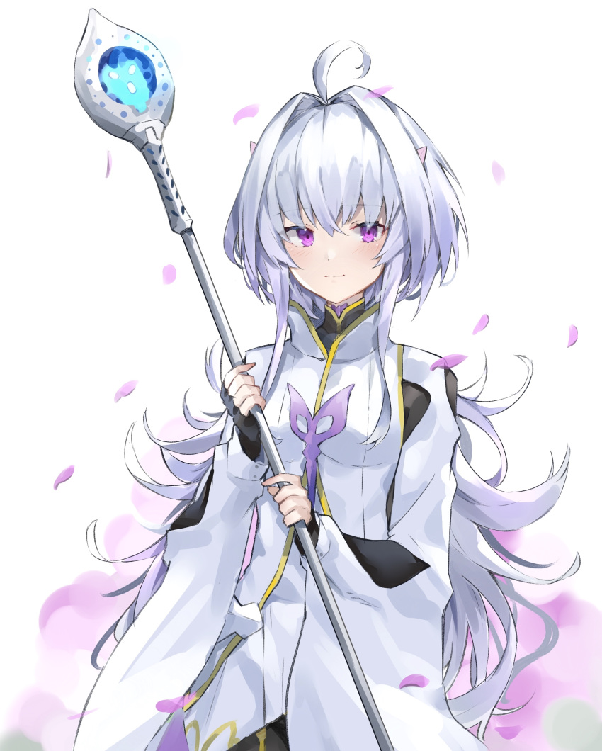 1girl absurdres ahoge black_gloves commentary fate/prototype fate_(series) fingerless_gloves gloves highres long_hair long_sleeves looking_at_viewer merlin_(fate/prototype) petals ryou_(ponpgo) simple_background smile staff upper_body violet_eyes white_background white_hair