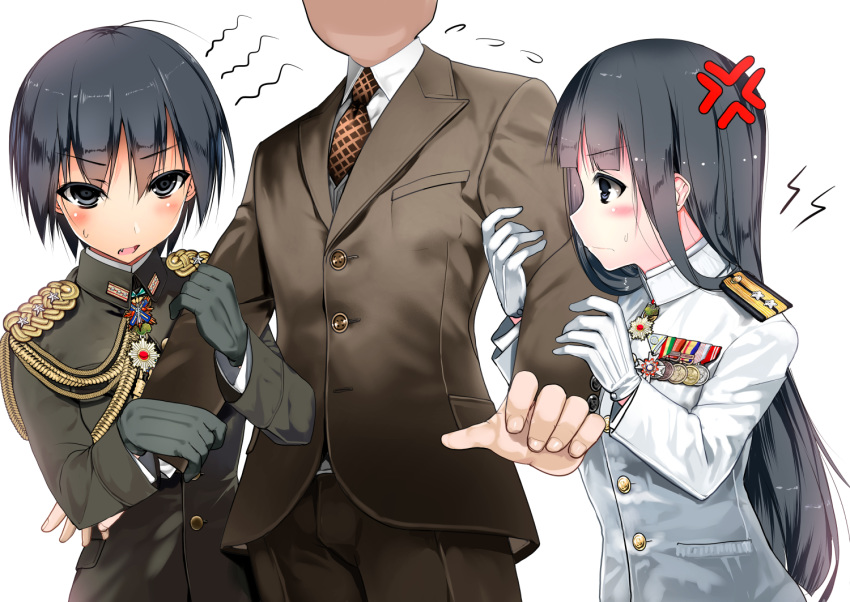 1boy 2girls aiguillette anger_vein arm_hug black_gloves black_hair blush fang formal gloves imperial_japanese_army imperial_japanese_navy long_hair medal military military_uniform multiple_girls necktie original samazuka_mashiro short_hair suit uniform very_long_hair white_background white_gloves