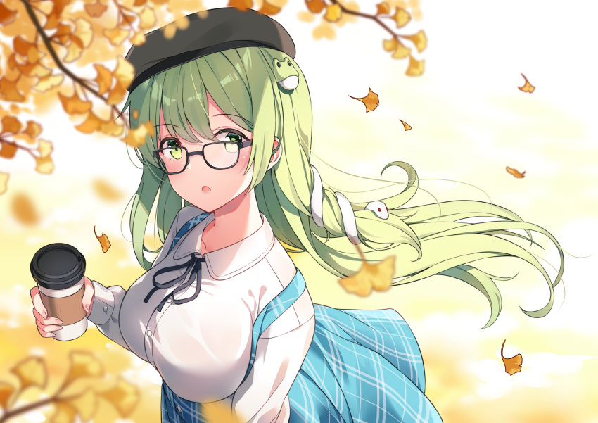 1girl absurdres alternate_costume autumn beret bespectacled black-framed_eyewear blue_skirt breasts cup floating_hair frog_hair_ornament ginkgo glasses green_eyes green_hair hair_ornament hat highres holding holding_cup kochiya_sanae large_breasts long_hair long_sleeves looking_at_viewer parted_lips shirt skirt snake_hair_ornament solo touhou white_shirt yaruwashi