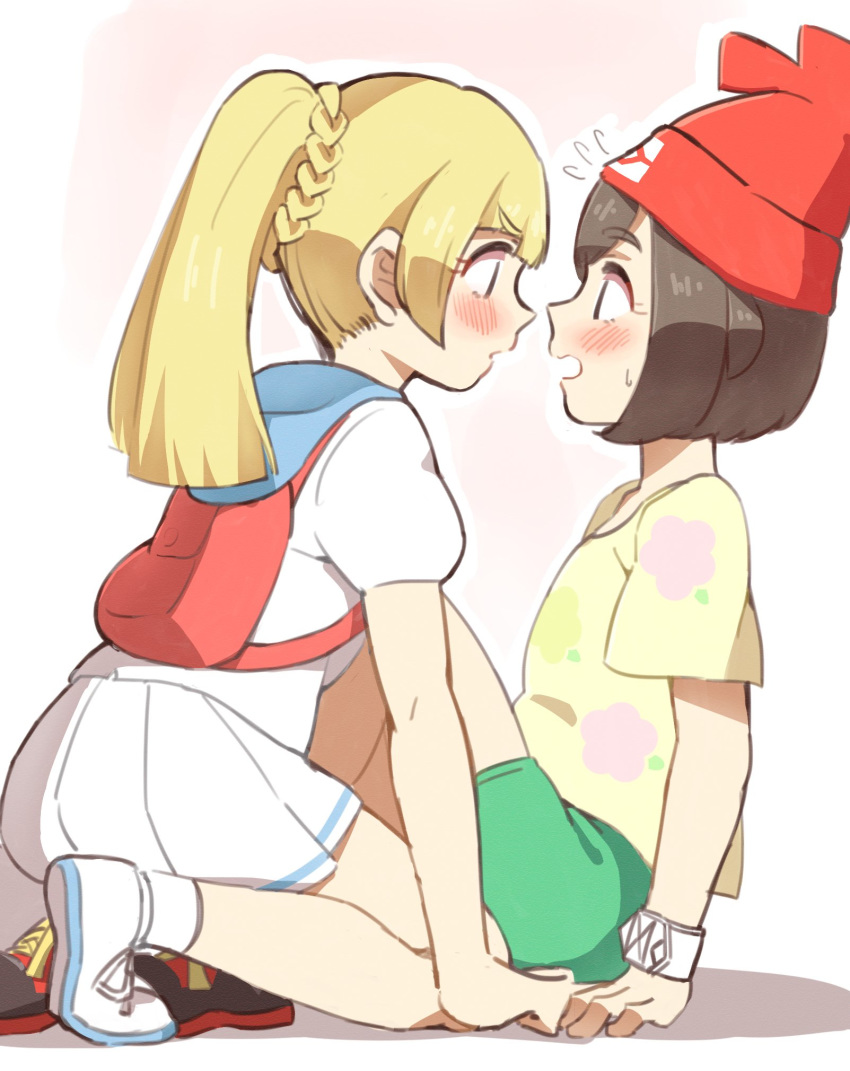 2girls beanie blonde_hair blush braid brown_hair commentary_request deathroling eye_contact eyebrows_visible_through_hair flying_sweatdrops green_shorts hat highres lillie_(pokemon) looking_at_another multiple_girls open_mouth pleated_skirt pokemon pokemon_(game) pokemon_sm ponytail red_headwear selene_(pokemon) shirt shoes short_sleeves shorts skirt socks sweatdrop white_footwear white_legwear white_skirt yellow_shirt