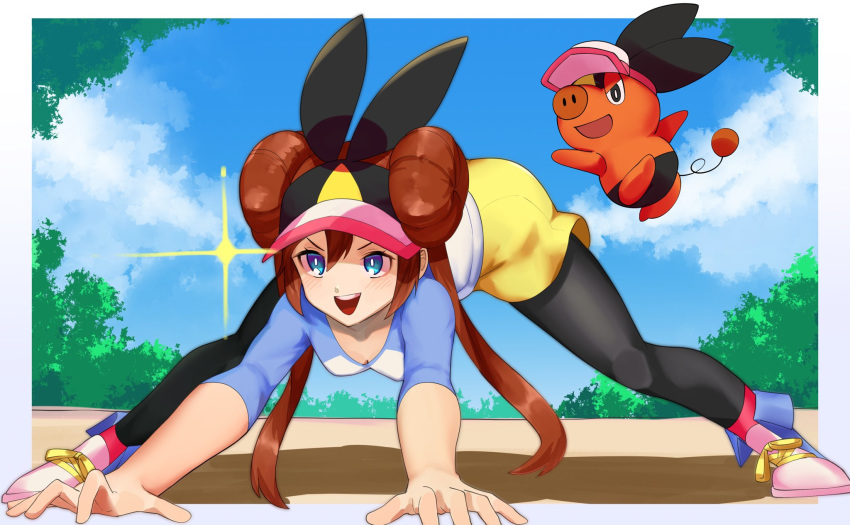 1girl :d black_legwear blue_eyes blush brown_hair clouds commentary_request day double_bun gen_5_pokemon highres katwo legs_apart legwear_under_shorts long_hair open_mouth outdoors pantyhose pokemon pokemon_(creature) pokemon_(game) pokemon_bw2 raglan_sleeves rosa_(pokemon) shirt shoes shorts sky sleeves_past_elbows smile sneakers teeth tepig tongue twintails visor_cap yellow_shorts
