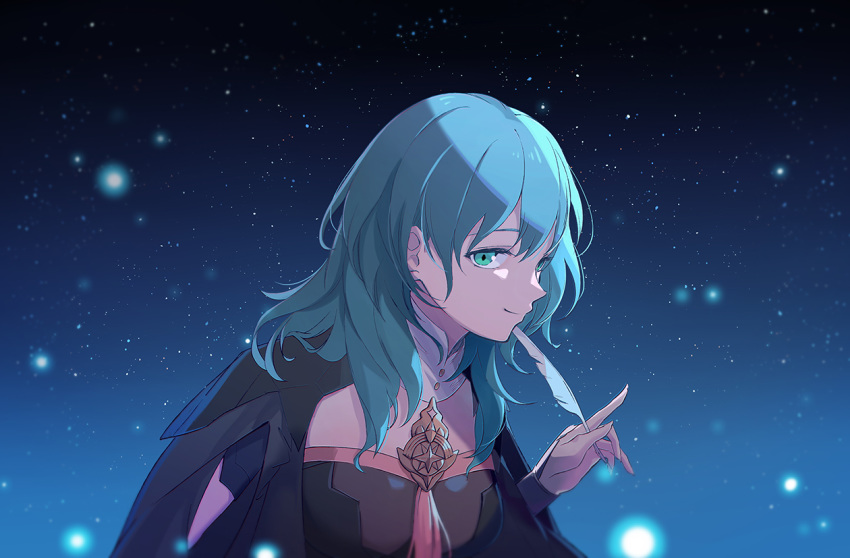 1girl 23@5 armor blue_eyes blue_hair byleth_(fire_emblem) byleth_eisner_(female) byleth_eisner_(female) closed_mouth feathers female_focus fire_emblem fire_emblem:_three_houses fire_emblem:_three_houses fire_emblem_16 holding intelligent_systems night night_sky nintendo sky solo upper_body