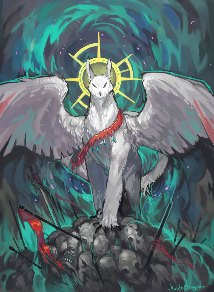 absurdres arrow_(projectile) creature death feathered_wings flag gem halo highres knifedragon no_humans pixiv_fantasia pixiv_fantasia_fallen_kings planted planted_arrow planted_sword planted_weapon signature skull standing sword torn weapon wings