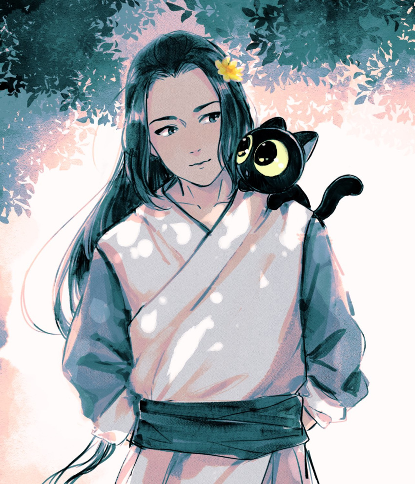 2boys animal arms_behind_back black_cat black_hair blue_eyes cat flower hair_flower hair_ornament highres leaf littlepanpang long_hair long_sleeves luoxiaohei multiple_boys plant sash shadow smile the_legend_of_luo_xiaohei tree upper_body wuxian_(the_legend_of_luoxiaohei) yellow_flower