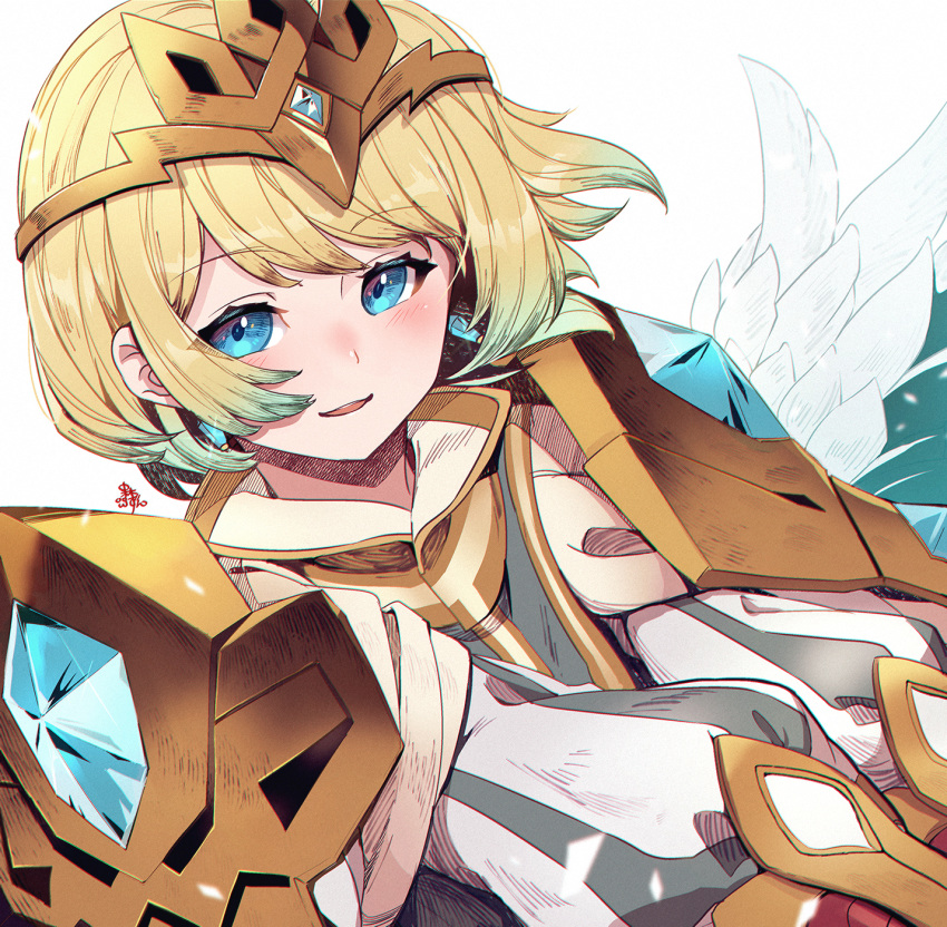1girl blonde_hair blue_eyes blue_hair cute earrings feather_trim female_focus fire_emblem fire_emblem_heroes fjorm_(fire_emblem) gradient_hair highres intelligent_systems jewelry long_sleeves multicolored_hair nakabayashi_zun nintendo parted_lips short_hair simple_background smile solo super_smash_bros. white_background