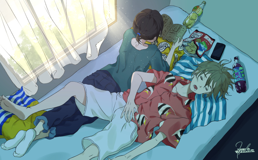 1boy 1girl bed bed_sheet book chips closed_eyes cola couple crossed_legs curtains food futon highres holding holding_book indoors inika lying on_back on_bed on_stomach open_mouth original phone pillow potato_chips reading sleeping spread_legs