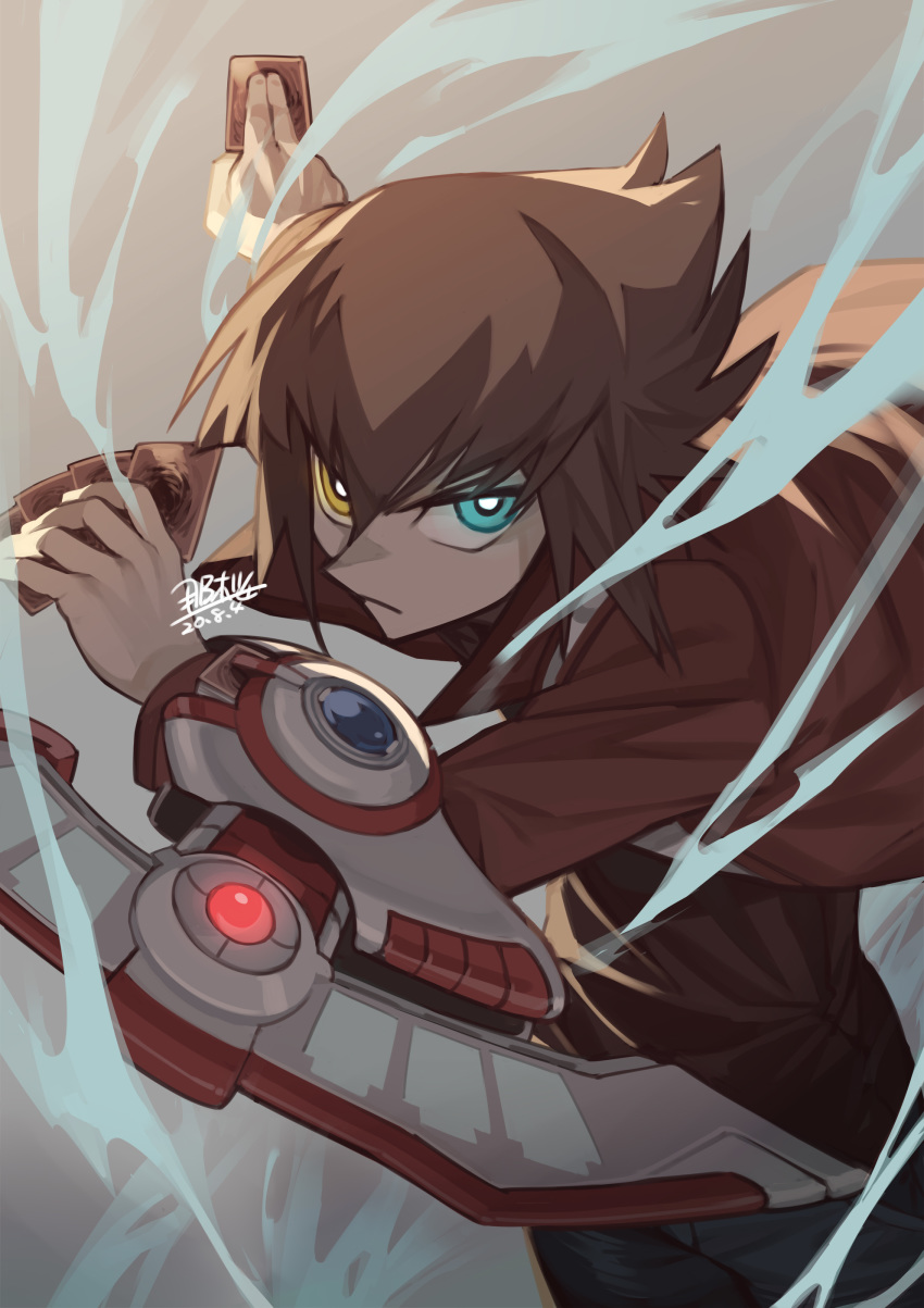1boy absurdres aqua_eyes brown_hair card closed_mouth dated duel_disk glowing glowing_eyes hair_between_eyes heterochromia highres holding holding_card jacket male_focus open_clothes open_jacket red_jacket seyana signature solo yellow_eyes yu-gi-oh! yu-gi-oh!_gx yuuki_juudai