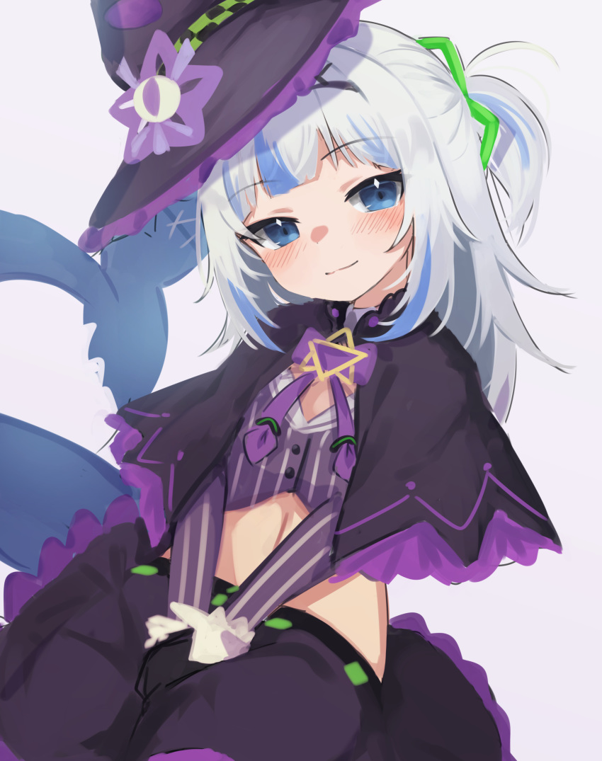 1girl absurdres black_gloves black_skirt blue_eyes capelet cosplay crop_top gawr_gura gloves hair_ornament hat highres hololive hololive_english klaius long_hair long_sleeves looking_at_viewer midriff multicolored_hair murasaki_shion murasaki_shion_(cosplay) one_side_up purple_headwear purple_shirt shark_girl shark_tail shirt simple_background skirt smile solo streaked_hair striped striped_shirt tail v_arms virtual_youtuber white_background white_hair witch_hat