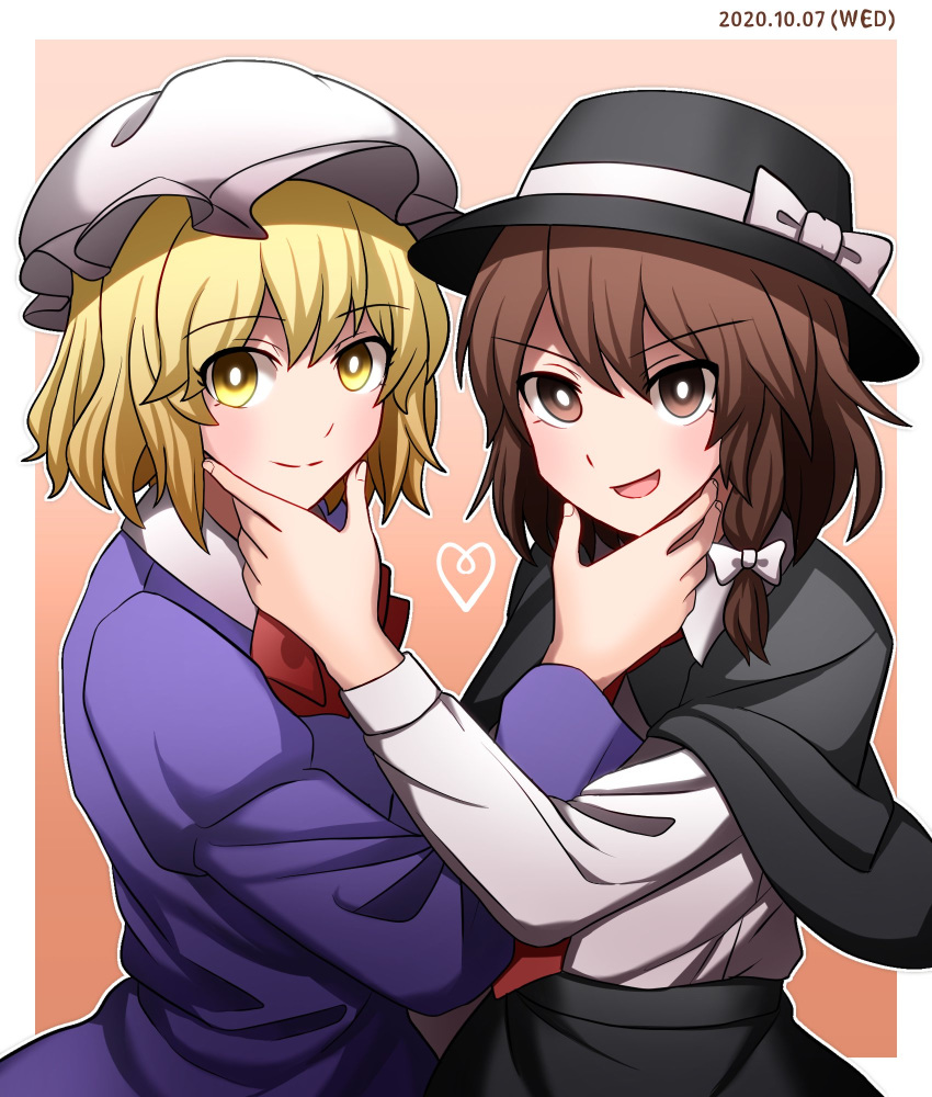 2girls black_capelet black_skirt blonde_hair bow bow_hairband brown_eyes brown_hair capelet closed_mouth dress eyebrows_visible_through_hair eyelashes fedora hairband hand_on_another's_chin happy hat hat_bow hat_ribbon heart highres hoshi maribel_hearn mob_cap multiple_girls nail necktie open_mouth purple_dress red_neckwear ribbon shirt short_hair simple_background skirt smile touhou usami_renko white_bow white_shirt yellow_eyes