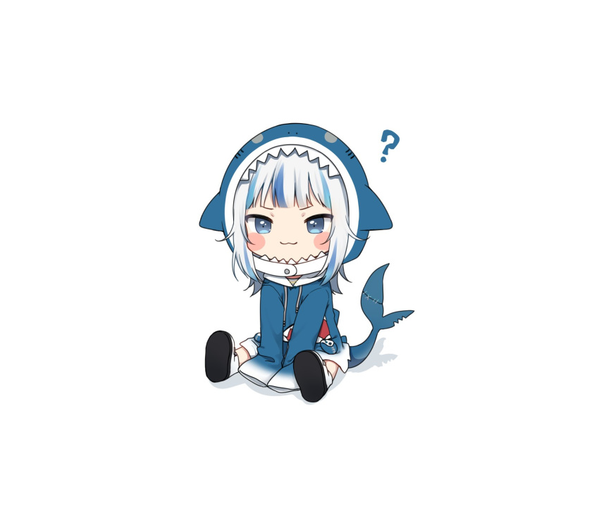 1girl :3 ? amashiro_natsuki animal_hood bangs blue_eyes blue_hair blue_hoodie blunt_bangs chibi eyebrows_visible_through_hair gawr_gura highres hololive hololive_english hood long_sleeves looking_at_viewer multicolored_hair shark_costume shark_girl shark_hood shark_print shark_tail silver_hair simple_background sitting sleeves_past_wrists solo streaked_hair tail virtual_youtuber white_background white_footwear wide_sleeves