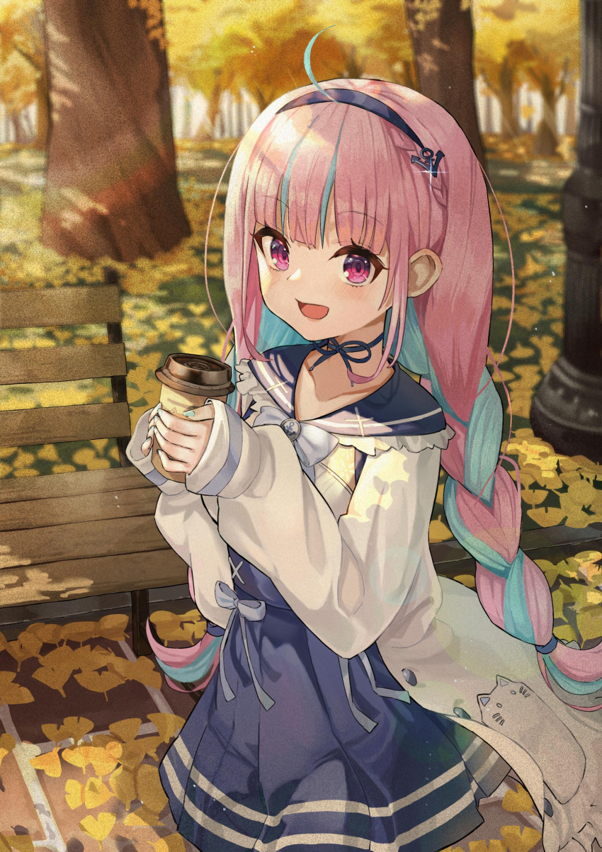 1girl absurdres autumn blush braid coffee dress forest highres hololive long_sleeves minato_aqua multicolored_hair nature open_mouth outdoors pink_eyes pink_hair sanada_keisui school_uniform solo virtual_youtuber walking