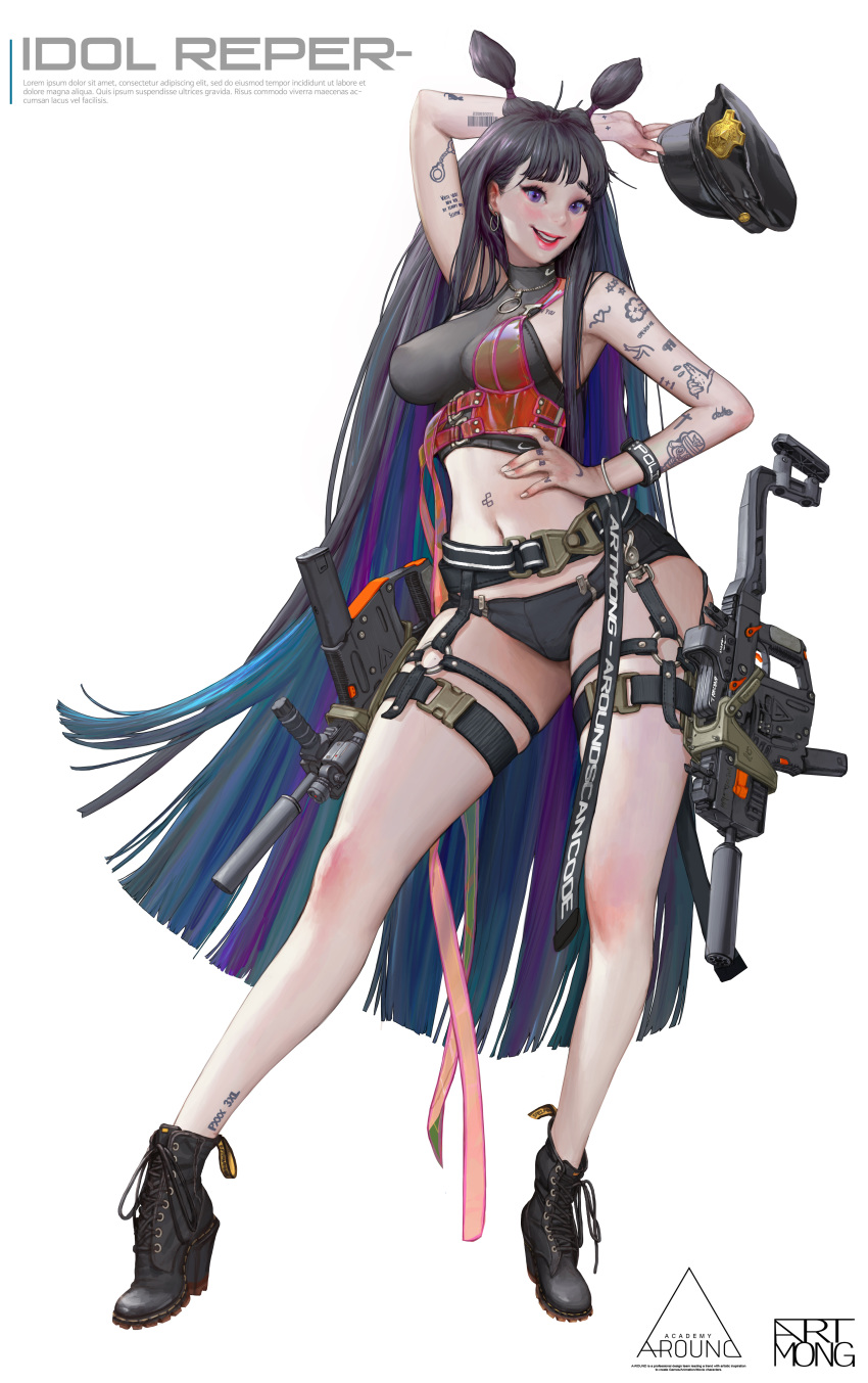 1girl absurdres artist_name artmong black_hair blue_eyes english_commentary gun hair_ears hat highres long_hair looking_at_viewer midriff navel open_mouth original police police_hat smile solo tattoo thigh_strap very_long_hair weapon white_background wide_hips