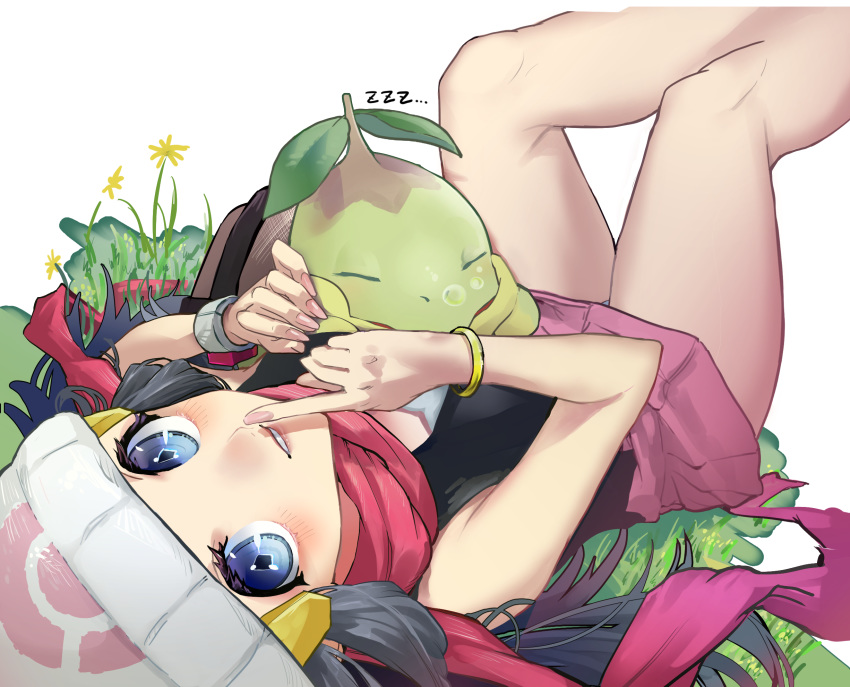 1girl beanie black_hair blue_eyes blush bracelet commentary_request hikari_(pokemon) finger_to_mouth fingernails flower gen_4_pokemon grass hair_ornament hat highres index_finger_raised jewelry long_hair looking_at_viewer lying nail_polish on_back parted_lips pink_nails pokemon pokemon_(creature) pokemon_(game) pokemon_dppt scarf sleeping tamukoro turtwig white_headwear yellow_flower zzz