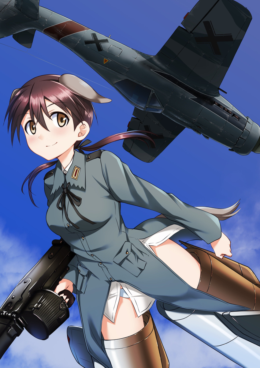 1girl a9b_(louis814) absurdres aircraft airplane animal_ears bangs black_neckwear black_ribbon blue_sky brown_eyes brown_hair closed_mouth clouds cloudy_sky commentary_request day drum_magazine flying fw_190 gertrud_barkhorn grey_jacket gun hair_ribbon highres holding holding_gun holding_weapon jacket long_sleeves looking_at_viewer low_twintails machine_gun medium_hair mg42 military military_uniform neck_ribbon no_pants outdoors panties ribbon sky smile solo strike_witches striker_unit twintails underwear uniform vehicle_request weapon white_panties world_witches_series