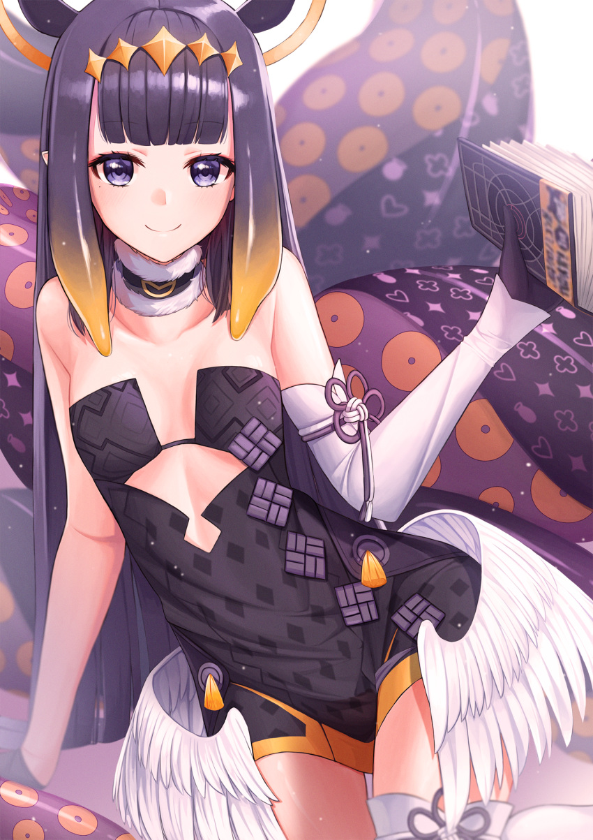 1girl bangs black_dress black_gloves blue_eyes blunt_bangs blush breasts detached_sleeves dress gloves halo highres hololive hololive_english long_hair looking_at_viewer mole mole_under_eye ninomae_ina'nis pointy_ears purple_hair small_breasts smile solo sora_(men0105) tentacle_hair tentacles thigh-highs virtual_youtuber