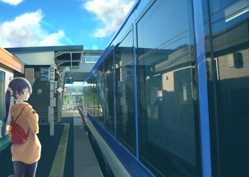 1girl absurdres backpack bag black_hair black_pants brown_jacket day flying_witch green_eyes haru_(we_are_wind) highres hood hood_down huge_filesize jacket kowata_makoto looking_at_viewer looking_back outdoors pants reflection scrunchie solo stairs standing train_station