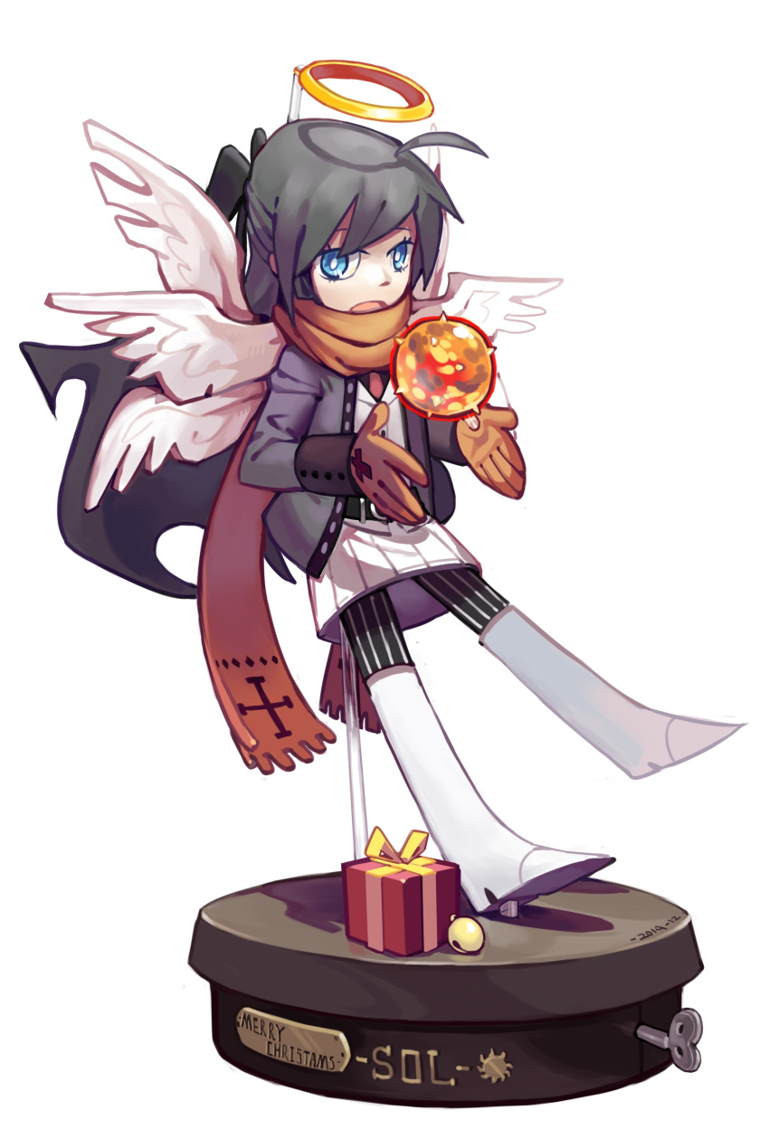 1girl absurdres ahoge angel angel_wings bell belt black_belt black_legwear blue_eyes box cross dated floating gift gift_box gloves grey_hair grey_jacket halo highres jacket knifedragon long_hair multiple_wings music_box oounabara_to_wadanohara open_clothes open_jacket open_mouth orange_gloves orange_scarf plaque red_neckwear scarf simple_background solo spikes striped striped_legwear white_background white_footwear wings