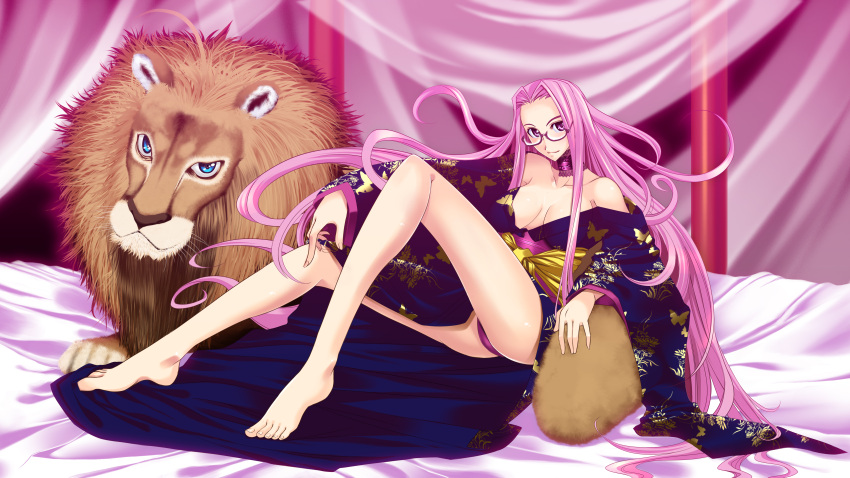bare_legs barefoot bed breasts cleavage doomblade error fate/hollow_ataraxia fate/stay_night fate_(series) feet glasses highres japanese_clothes legs lion long_hair glasses panties purple_hair rider underwear very_long_hair yukata