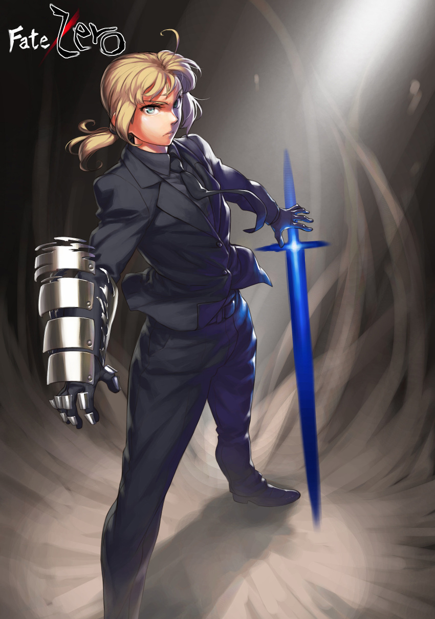 absurdres armor azusa business_suit energy_sword fate/stay_night fate/zero fate_(series) formal gauntlets gloves highres long_hair necktie pant_suit pants ponytail saber solo suit sword weapon