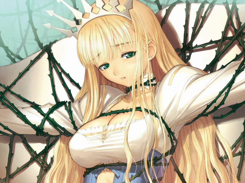 blonde_hair bondage breasts clalaclan_philias cleavage highres shining_(series) shining_tears shining_wind taka_tony thorns vines