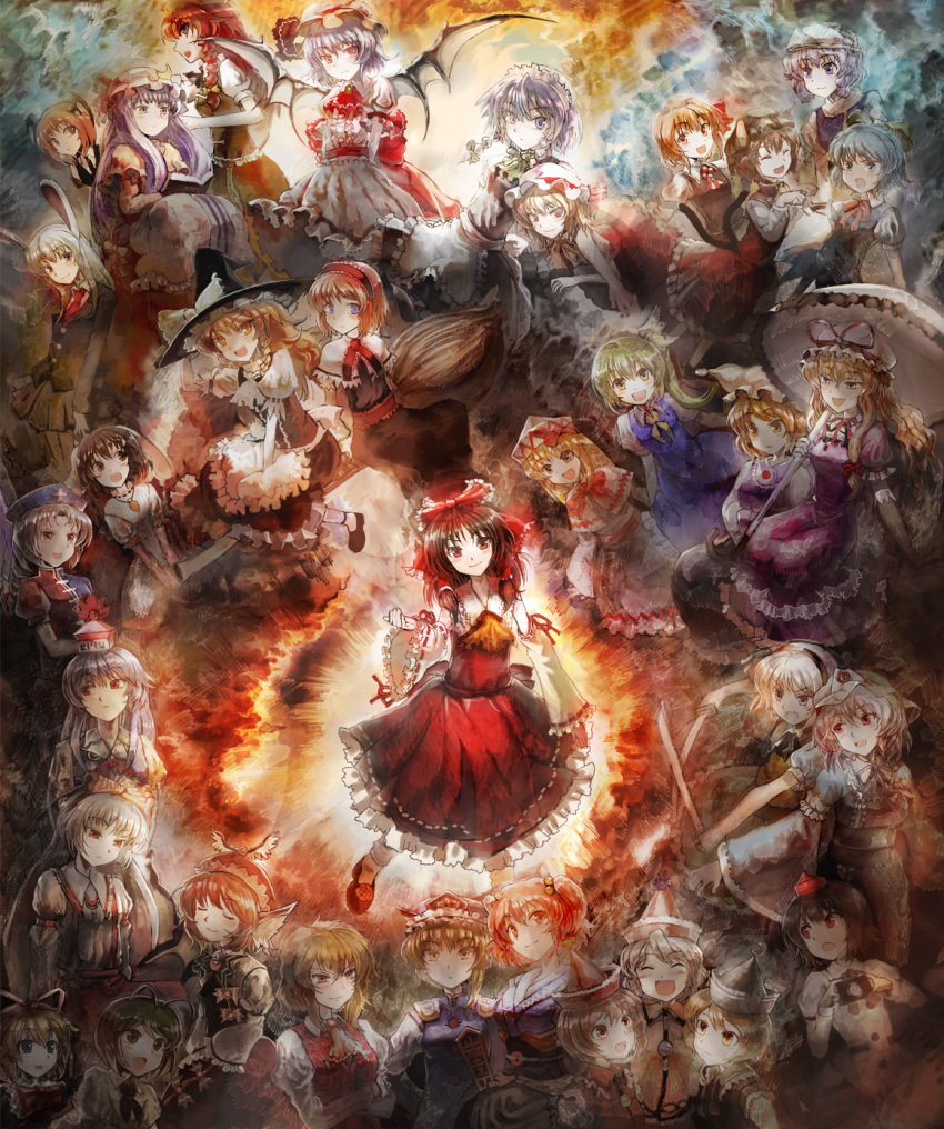 alice_margatroid asuka_(moto) chen cirno daiyousei everyone flandre_scarlet fujiwara_no_mokou hakurei_reimu highres hong_meiling houraisan_kaguya imperishable_night inaba_tewi izayoi_sakuya kamishirasawa_keine kazami_yuuka kirisame_marisa koakuma konpaku_youmu letty_whiterock lily_white lunasa_prismriver lyrica_prismriver medicine_melancholy merlin_prismriver multiple_girls mystia_lorelei onozuka_komachi patchouli_knowledge perfect_cherry_blossom phantasmagoria_of_flower_view reisen_udongein_inaba remilia_scarlet rod_of_remorse rumia saigyouji_yuyuko shameimaru_aya shikieiki_yamaxanadu the_embodiment_of_scarlet_devil touhou ultimate_asuka wriggle_nightbug yagokoro_eirin yakumo_ran yakumo_yukari