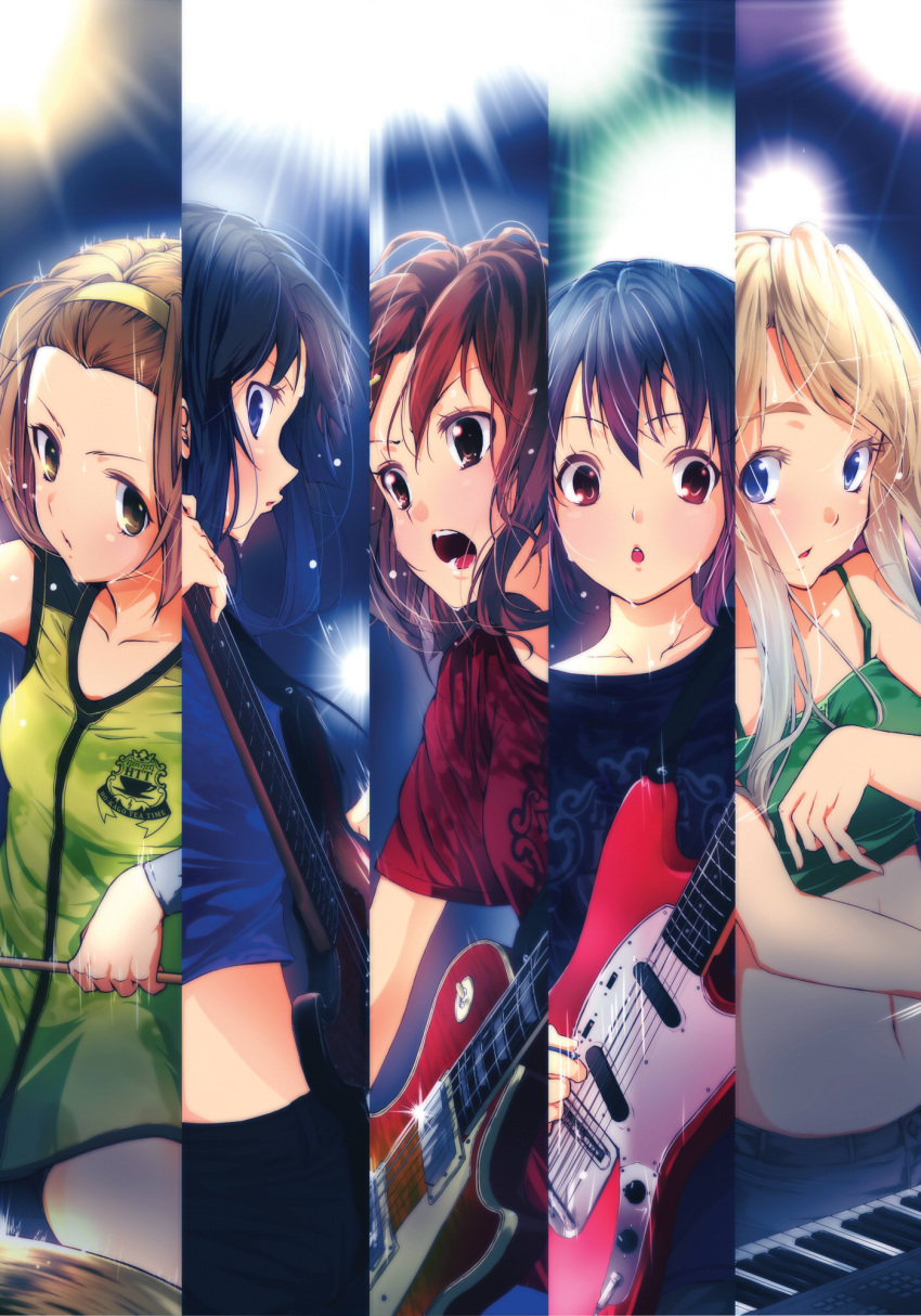 akiyama_mio casual column_lineup cymbals drumsticks fender gibson guitar hairband highres hirasawa_yui instrument jazz_bass k-on! keyboard_(instrument) kotobuki_tsumugi les_paul multiple_girls mustang nakano_azusa nishiuri_warito suika_wari sweat tainaka_ritsu