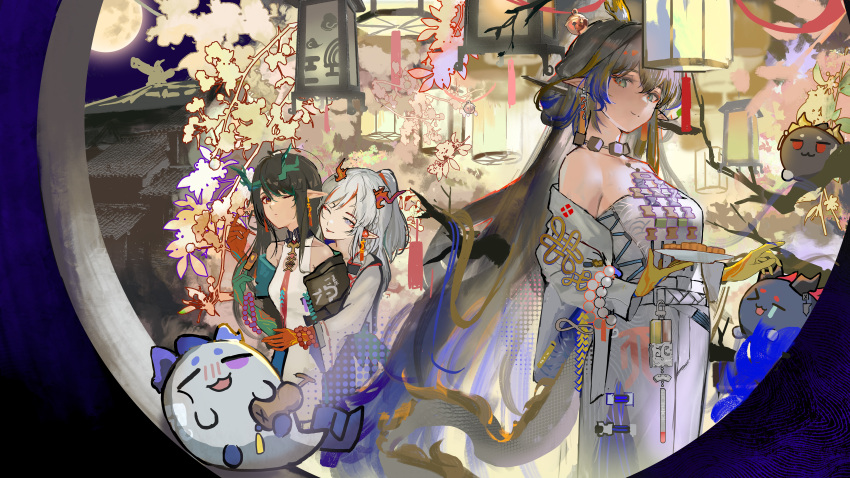 3girls absurdres arknights bare_shoulders black_hair colored_extremities colored_skin dragon_bubble_(arknights) dragon_girl dragon_horns dragon_tail dusk_(arknights) earrings eastern_dragon_horns eastern_dragon_tail gradient_skin green_hands green_horns green_skin hair_over_one_eye highres horns jewelry long_hair lonki looking_at_viewer multicolored_hair multiple_girls nian_(arknights) pointy_ears red_eyes shu_(arknights) siblings sisters streaked_hair tail tassel tassel_earrings yellow_hands