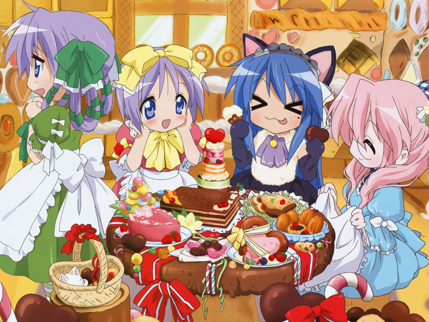 animal_ears bow cake cat_ears dress food highres hiiragi_kagami hiiragi_tsukasa izumi_konata lucky_star pastry takara_miyuki