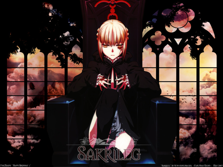 1girl blonde_hair blood dark_saber fate/hollow_ataraxia fate/stay_night fate_(series) gothic saber siting tagme thighhighs throne yellow_eyes