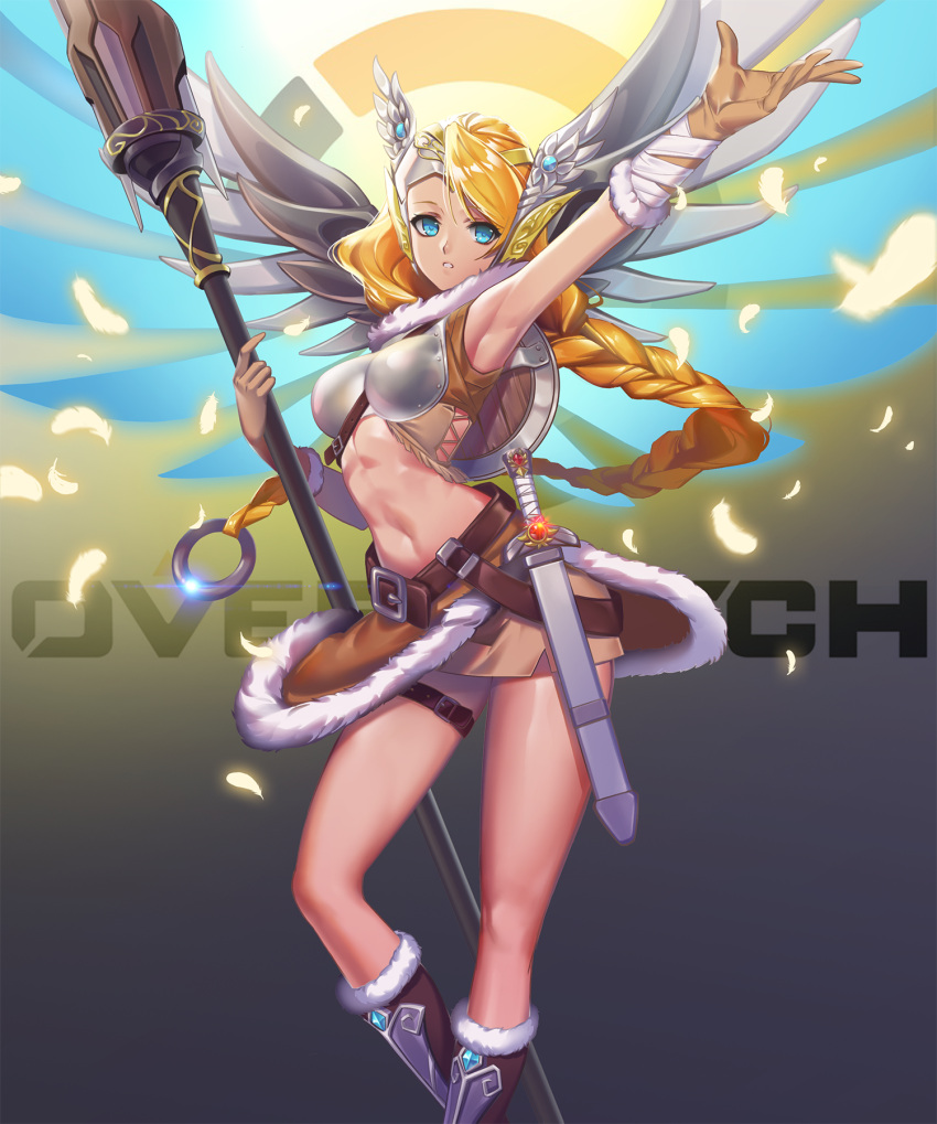 1girl alternate_costume alternate_hairstyle arm_up armor armpits belt blonde_hair blue_eyes boobplate boots braid breastplate breasts feathers forehead_protector fur_collar greaves head_wings highres littleamber loincloth long_hair medium_breasts mercy_(overwatch) miniskirt navel overwatch scabbard sheath shield single_braid skirt solo staff stomach sword valkyrie valkyrie_mercy very_long_hair weapon
