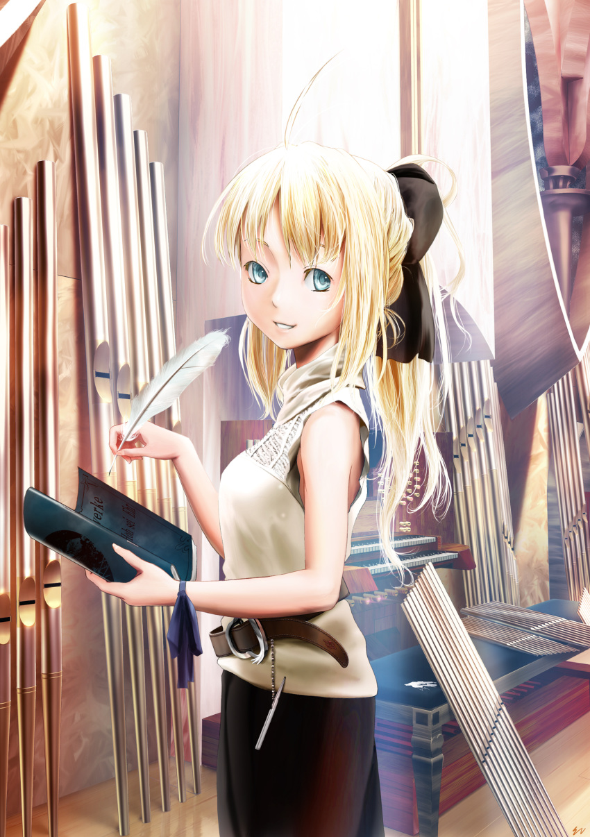 absurdres ahoge blonde_hair blue_eyes darkredgear fate/stay_night fate/unlimited_codes fate_(series) feathers highres instrument organ saber saber_lily solo