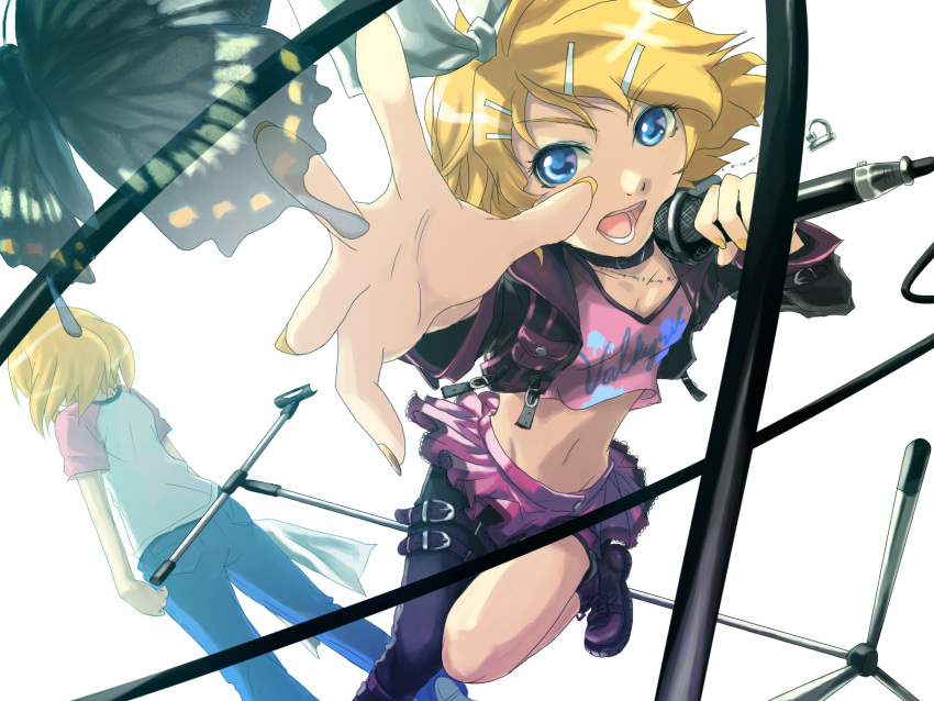 asymmetrical_clothes blonde_hair blue_eyes buckle butterfly cable collar crop_top dual_persona eyeshadow fingernails from_behind hair_ornament hair_ribbon hairclip hands highres jeans k2pudding kagamine_rin leg_lift long_fingernails microphone microphone_stand midriff nail_polish open_mouth raglan_sleeves ribbon short_hair single_pantsleg vocaloid wallpaper