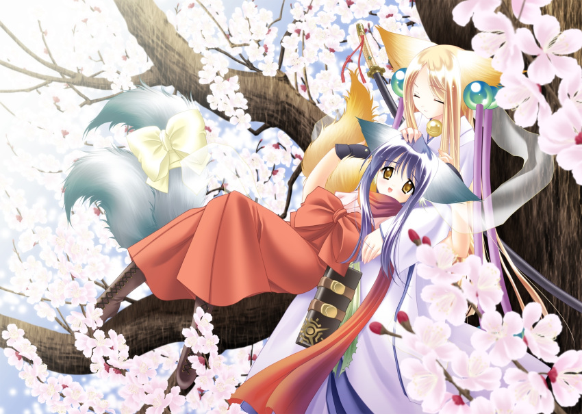 animal_ears flower happy highres in_tree japanese_clothes koma_(tail_tale) louis&amp;visee multiple_girls ribbon soro_(tail_tale) sword tail_tale tree weapon