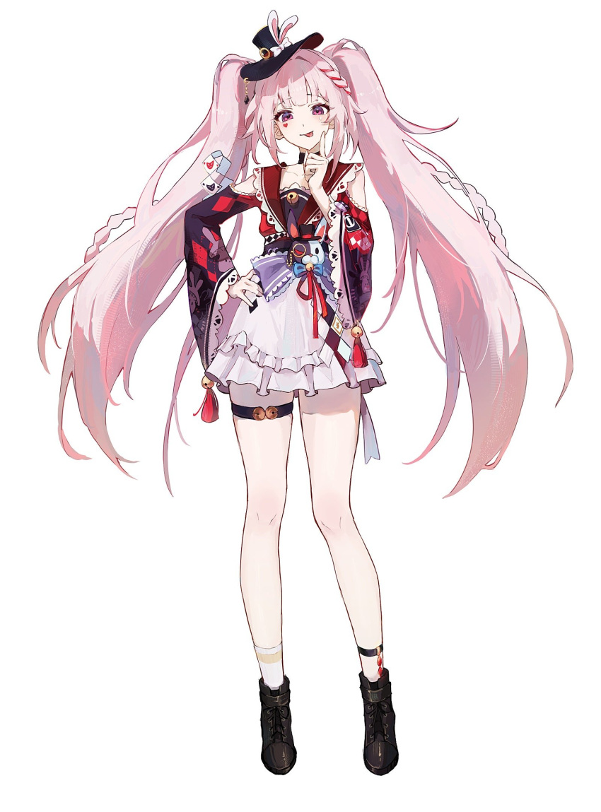 1girl black_choker black_hat black_shoes braid choker clothing_cutout collarbone diamond_(shape) diamond_facial_mark facial_mark finger_to_cheek frilled_skirt frills full_body hand_on_own_hip hat hat_ornament heart heart_facial_mark highres honkai:_star_rail honkai_(series) long_hair looking_at_viewer multicolored_hair pink_eyes pink_hair plaid_clothes plaid_sleeves rabbit_hat_ornament red_hair shirt shoes shoulder_cutout simple_background single_sock skirt sleeve_bell socks solo sparkle_(honkai:_star_rail) sparxie_(honkai:_star_rail) standing streaked_hair thigh_strap tongue tongue_out ttang_ttang twintails very_long_hair white_background white_shirt white_socks wide_sleeves