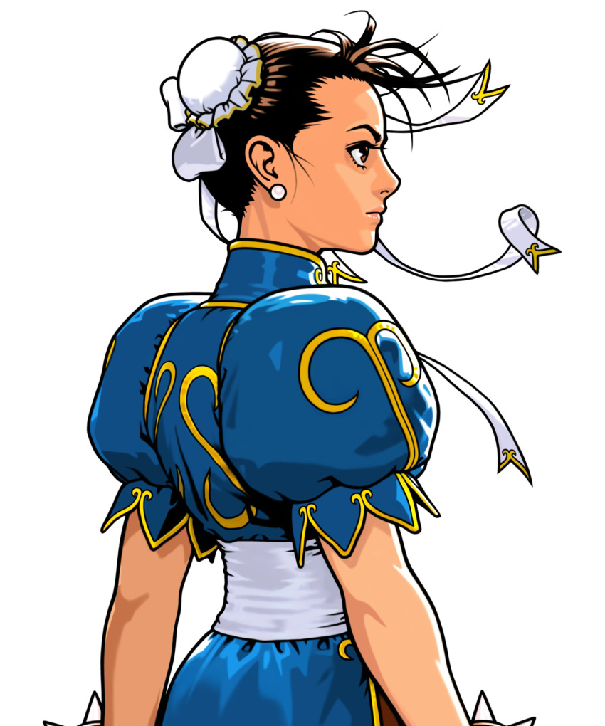 bun_cover capcom china_dress chinadress chinese_clothes chun-li double_bun double_buns earrings highres jewelry pantyhose profile shinkiro spiked_bracelet spikes street_fighter streetfighter wind