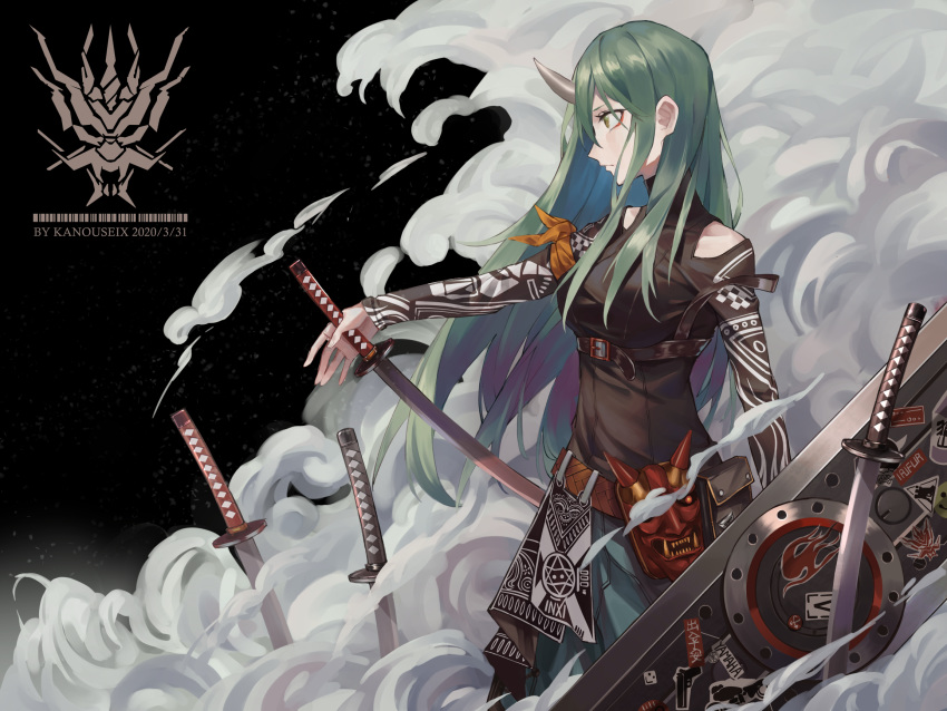 1girl arknights arm_scarf artist_name bangs belt breasts closed_mouth dated eyeliner from_side green_hair highres holding holding_shield holding_sword holding_weapon horns hoshiguma_(arknights) kaikaikai katana large_breasts long_hair makeup mask oni_mask pants pouch profile shield single_horn smoke solo sword weapon yellow_eyes