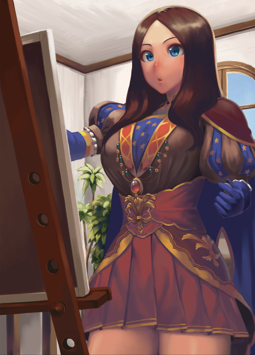1girl :o absurdres blue_eyes blue_gloves brown_hair cape commentary commentary_request elbow_gloves fate/grand_order fate_(series) gloves highres leonardo_da_vinci_(fate/grand_order) long_hair open_mouth painting plant puffy_sleeves ranma_(kamenrideroz) skirt solo window