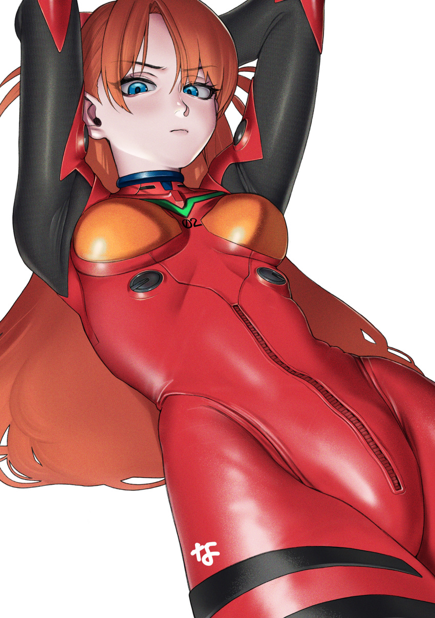 1girl absurdres arms_up bangs blue_eyes bodysuit breasts closed_mouth eyelashes highres lips long_hair medium_breasts nanja neon_genesis_evangelion number orange_hair plugsuit red_bodysuit signature simple_background solo souryuu_asuka_langley white_background