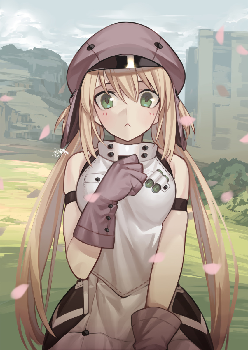 1girl :&lt; absurdres artoria_pendragon_(all) artoria_pendragon_(caster) bare_shoulders blonde_hair blush fate/grand_order fate_(series) gloves green_eyes grey_gloves grey_headwear hair_between_eyes hat highres long_hair looking_at_viewer low_twintails outdoors petals seyana solo twintails very_long_hair