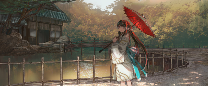 1girl absurdres architecture blue_sash bridge brown_hair closed_mouth east_asian_architecture feet_out_of_frame forest from_side hair_ornament hand_up highres holding holding_umbrella japanese_clothes kimono long_hair long_sleeves looking_at_viewer looking_to_the_side nature obi oriental_umbrella original railing red_umbrella river sash scenery shichigatsu solo tree twintails umbrella very_long_hair white_kimono wide_sleeves wooden_bridge yayoi_(shichigatsu)