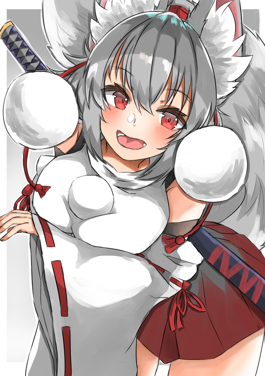 1girl absurdres animal_ears bare_shoulders blush breast_hold breasts detached_sleeves eyebrows_visible_through_hair hat highres inubashiri_momiji large_breasts leaf looking_at_viewer maple_leaf medium_skirt open_mouth pom_pom_(clothes) red_eyes red_skirt regua ribbon-trimmed_sleeves ribbon_trim shirt short_hair silver_hair skirt sleeveless sleeveless_shirt solo sword tail tokin_hat touhou turtleneck weapon white_shirt wolf_ears wolf_tail