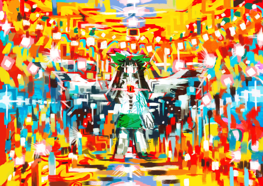 1girl abstract abstract_background bird_wings black_hair bow green_bow green_skirt hair_bow hito_(nito563) long_hair looking_at_viewer no_nose reiuji_utsuho skirt solo touhou wide_shot wings