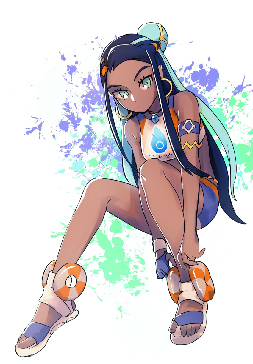 1girl adjusting_clothes adjusting_footwear aqua_eyes aqua_hair armlet bare_shoulders blue_gloves blue_hair closed_mouth commentary commentary_request dark_skin earrings full_body gloves gym_leader hair_bun hair_ornament highres hoop_earrings jewelry long_hair looking_at_viewer multicolored_hair necklace nessa_(pokemon) paint_splatter pendant pokemon pokemon_(game) pokemon_swsh sandals sidelocks single_glove sitting solo splatter_background swimsuit tankini toes two-tone_hair uematsu_nanashi very_long_hair white_background white_footwear