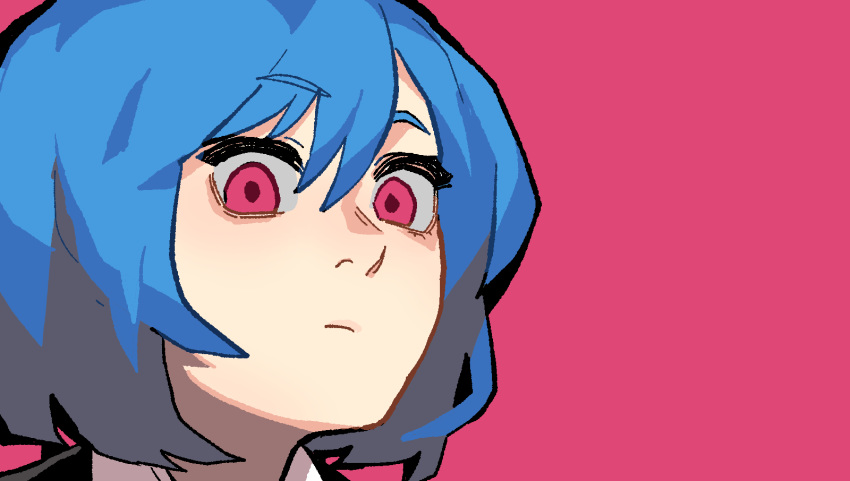 1girl blue_hair borrowed_character closed_mouth commentary english_commentary gogalking highres looking_at_viewer original pink_background pink_eyes portrait short_hair simple_background skye_(hcnone) solo