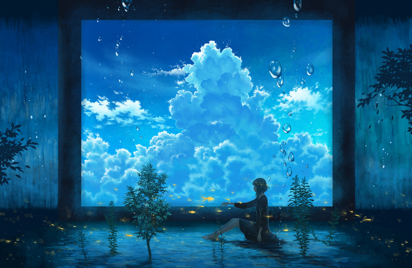 1girl air_bubble arm_at_side black_eyes blue_sky breasts brown_hair bubble clouds cloudy_sky commentary_request cumulonimbus_cloud fish glowing highres indoors kazami1304 long_sleeves original outstretched_arms plant scenery short_hair sitting sky small_breasts solo underwater window