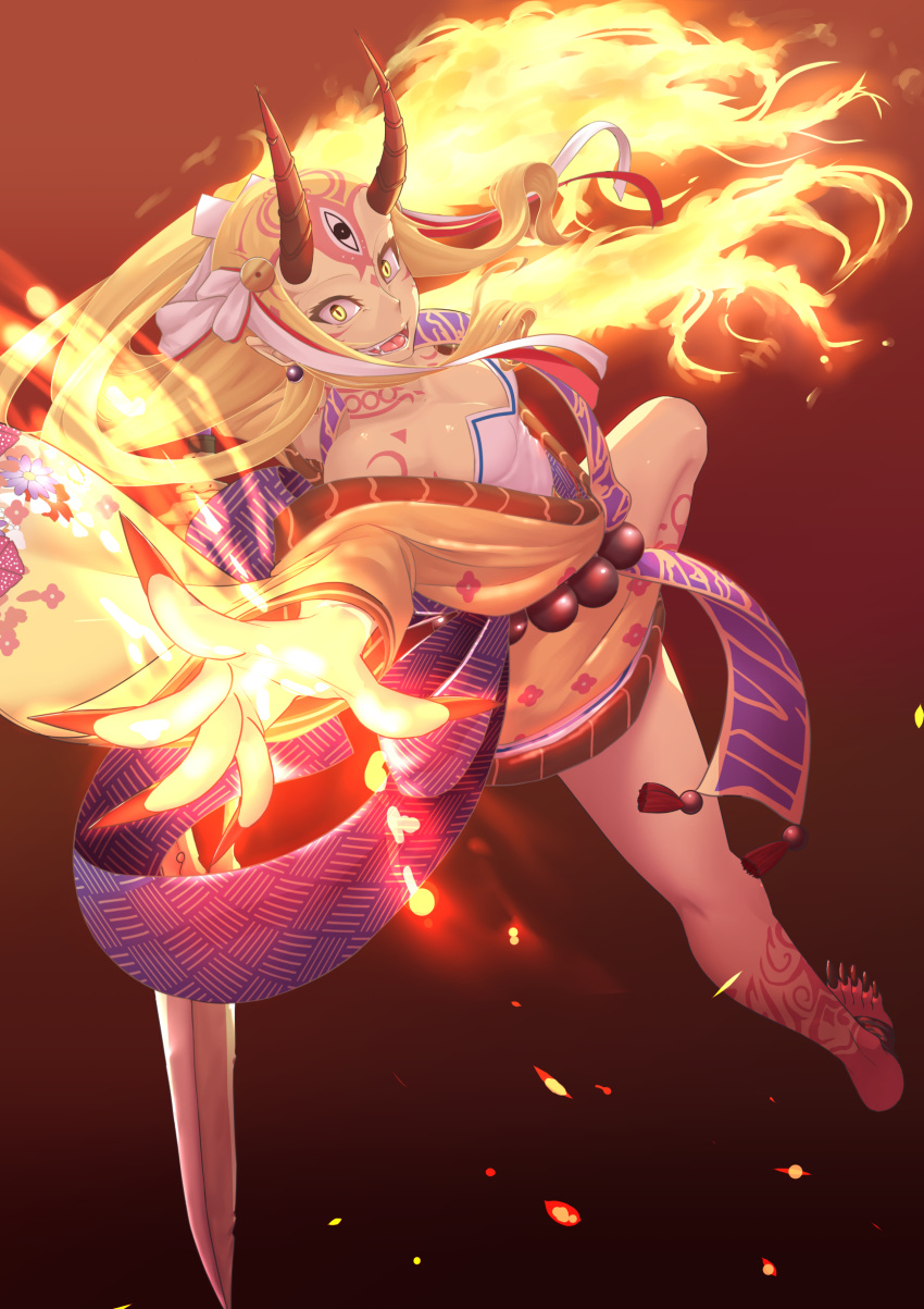 1girl absurdres blonde_hair commentary_request facial_mark fangs fate/grand_order fate_(series) fingernails fire flame forehead_mark highres horns ibaraki_douji_(fate/grand_order) japanese_clothes kimono oni oni_horns open_mouth sharp_fingernails skin-covered_horns slit_pupils solo tattoo yellow_eyes yellow_kimono yoki_(yo_kyo)